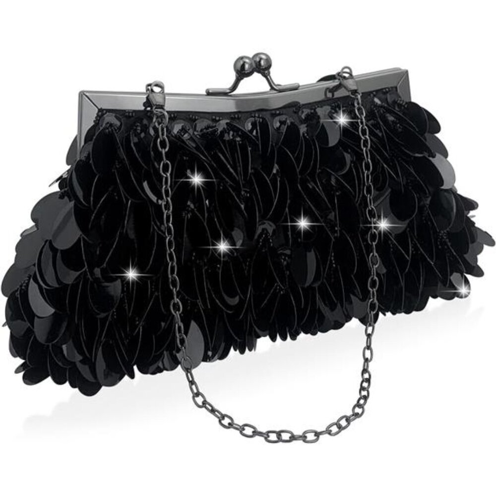Sparkly Black Evening Clutch Purse Elegant Sequined  Formal Party Handbag